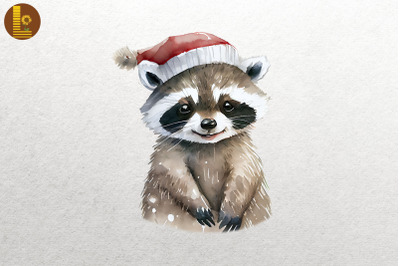 Watercolor Cute Racoon In Santa Hat