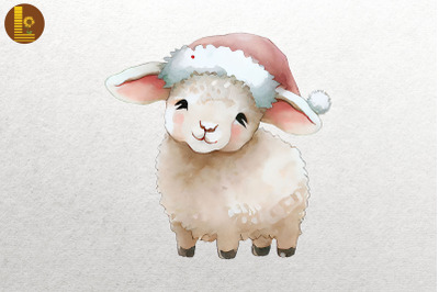 Watercolor Cute Sheep In Santa Hat Xmas