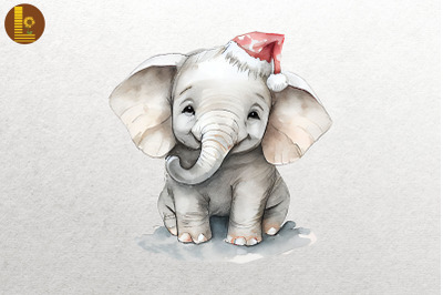 Watercolor Elephant In Santa Hat