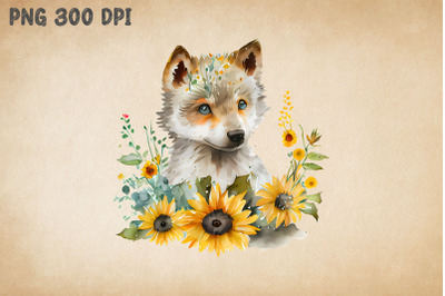 Cute Wolf And Sunflowers Watercolor