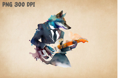 Watercolor Wolf Playing Guitar