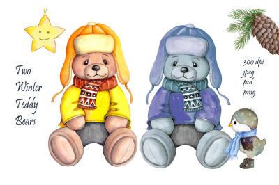 Winter Teddy Bears. Watercolor illustrations