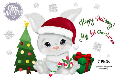 Christmas Unisex Bunny Rabbit 7 PNG Clip Art  Set New Year  Watercolor