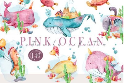 Watercolor ocean animals nursery clipart set - 140 png files