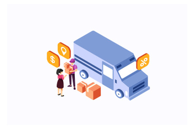 Isometric Delivery Truck Services Vector Illustration