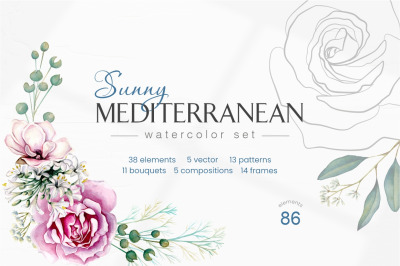 Mediterranean flowers watercolor set