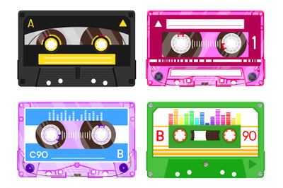 Audio record tapes, retro 90s music. Plastic colorful cassette with mu