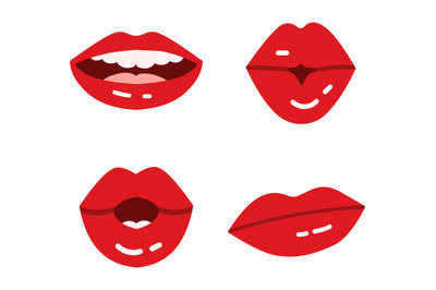 Cartoon lips. Glossy red seductive lipstick for ladies. Kissing, smili