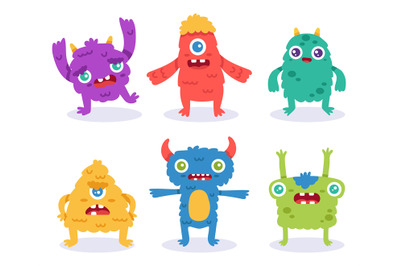 Cartoon monster characters. Colorful funny creatures in different posi