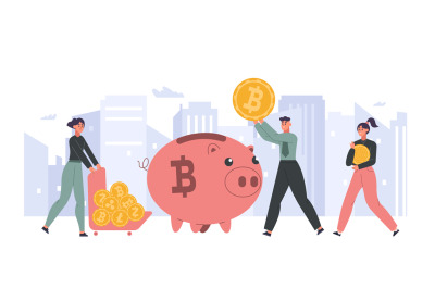 Cryptocurrency concept. People putting gold bitcoins into piggy bank.