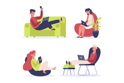 Freelance working people. Man lying on sofa, woman sitting on comforta