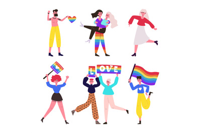 Lgbt pride parade. Female and male characters holding rainbow flag and