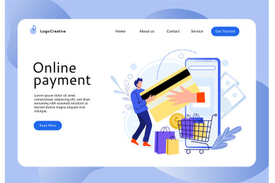 Online shopping landing page. Man doing payment with credit card onlin