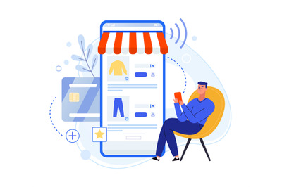 Online shopping app. Man sitting on chair and buying clothes in smartp