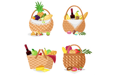 Picnic baskets. Wicker containers with fruit, vegetables, bread and bo