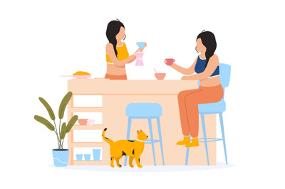 Women friends chatting at breakfast at home. Young female characters s