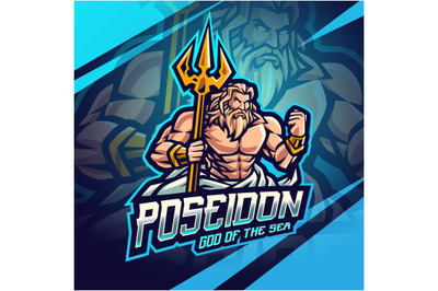 Poseidon esport mascot logo design with trident weapon