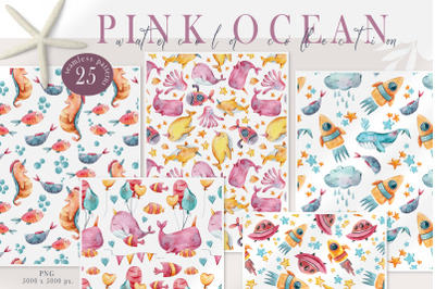 Watercolor ocean animals nursery seamless patterns- 25 png