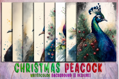 Christmas Peacock Watercolor Background Bundle