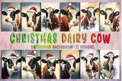 Christmas Dairy Cow&nbsp;Watercolor Background Bundle
