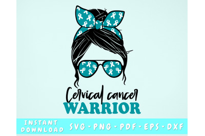 Cervical Cancer Warrior SVG&2C; Cervical Cancer Messy Bun SVG&2C; Teal White