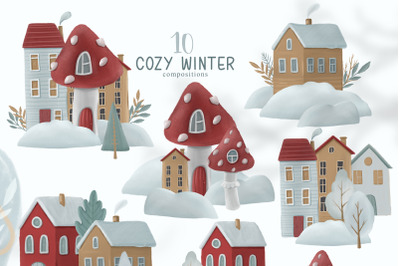 Cute Scandinavian winter house clipart- 10 png files