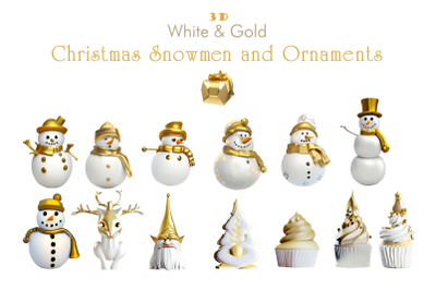 3D White and Gold Christmas Snowmen and Ornaments Clipart