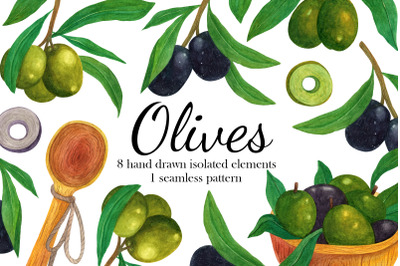 Watercolor olive branch clipart, hand drawn collection