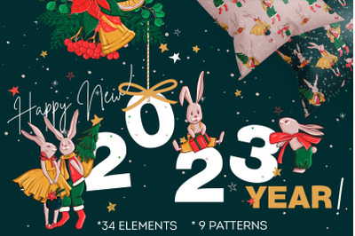 Christmas clipart, Christmas rabbit seamless pattern