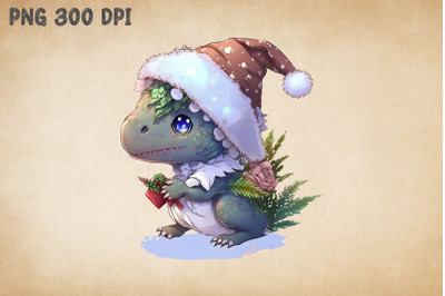 Cute Chibi Dinosaur T-Rex In Santa Hat