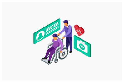 Isometric Carry a Patient in a Wheelchair Vector Illustration