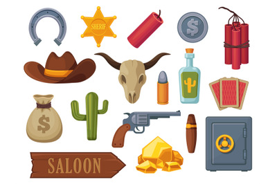 Cartoon wild west icons. Cowboy cactus rodeo saddle lasso guitar snake