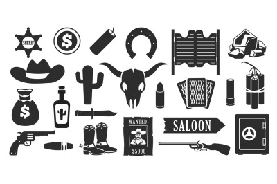 Wild west black icons. Western american cowboy silhouettes with cactus