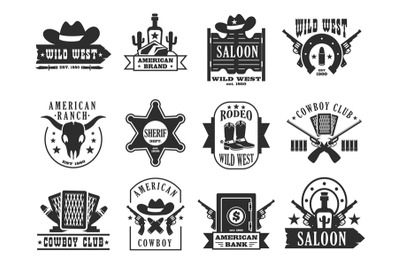 Wild west logo. Western american cowboy badges with cactus horse lasso