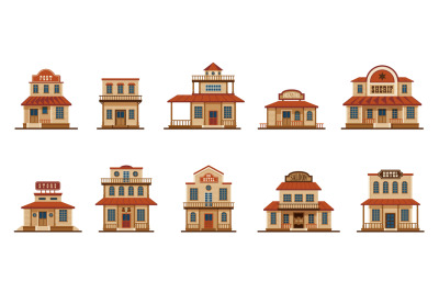 Cartoon western buildings. Wild west traditional country houses, old a