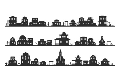 Western silhouette panorama. Wild west traditional buildings landscape