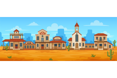 Western town street. Cartoon wild west landscape with old wooden build