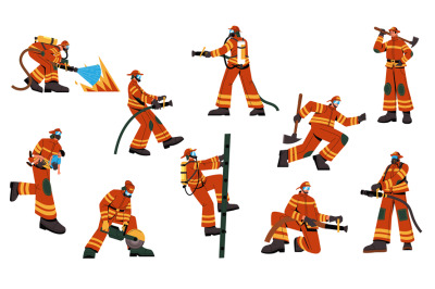 Firefighter characters. Cartoon fireman in uniform with rescue equipme