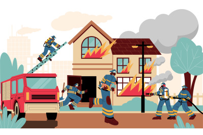 Firefighters at burning house. Fireman characters extinguish fire buil