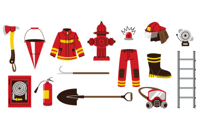 Fire fighting equipment. Cartoon fireman tools doodle flat style, fire