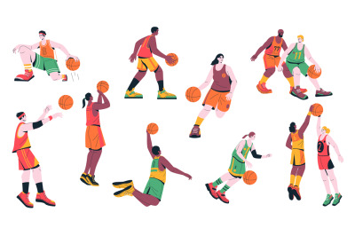 Basketball players. Cartoon male and female characters playing sport g