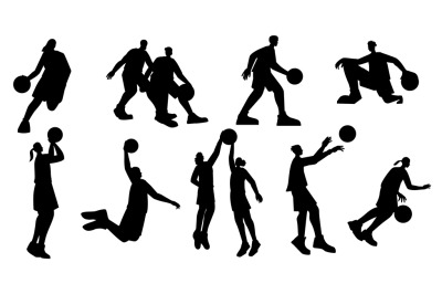 Basketball players silhouettes. Set of athlete characters run dribble