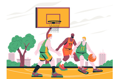 Basketball match illustration. Cartoon players playing ball on outdoor