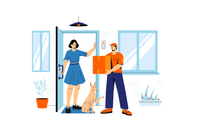 Delivery to door. Cartoon deliveryman gives customer order to client,