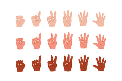 Hands count. Cartoon multiracial human palm gestures showing numbers b