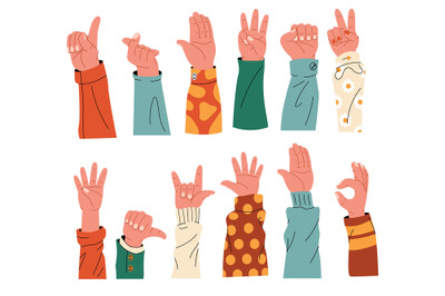 Hands with sleeves collection. Human arms in colorful clothes cartoon