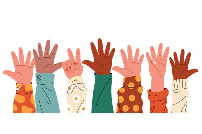 Raised hands. Cartoon human palms with different gestures, group of di