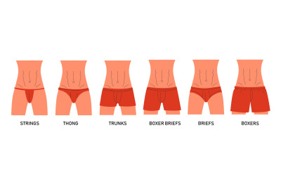 Men underwear types. Man underpants infographic design elements, male