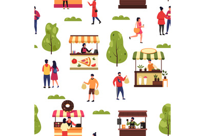 Seasonal outdoor market. Seamless pattern of street stall with vendors