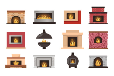 Fireplaces. Warm cozy house interior decoration stove with firewood fl